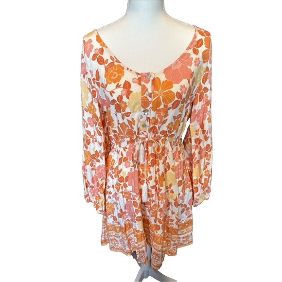 Petal and Pup Odie Dress 10 Orange Beige Floral Print Long Sleeves Rayon BOHO - Picture 5 of 8